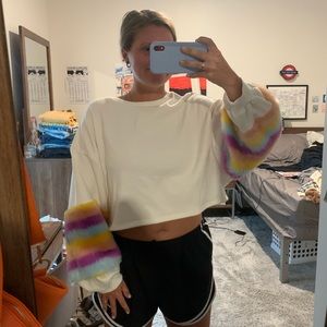 Cropped white crewneck w colorful faux fur sleeves